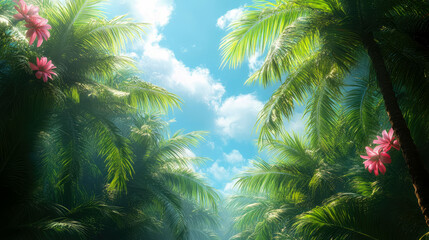 Tropical paradise: Palm fronds and pink flowers reaching towards a bright summer sky