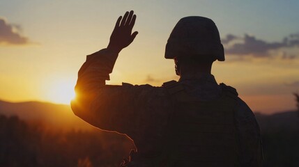 Soldier salutes at sunset, embodying honor and sacrifice.
