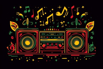 Fototapeta premium Retro stereo music design with vibrant colors and musical notes.