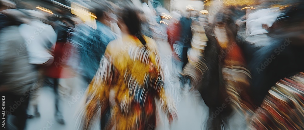 Poster Blurred motion image of a large crowd of people walking and commuting on a busy city street with skyscrapers and architectural structures in the background creating a dynamic