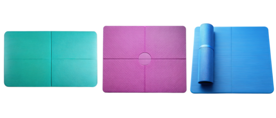 Three exercise mats in different colors on a transparent background