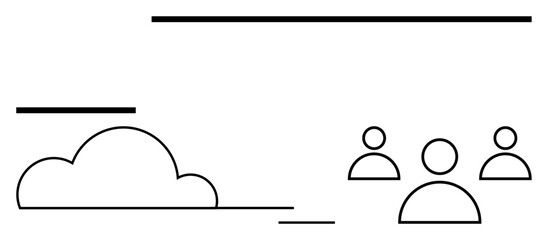 Stylized cloud icon beside three abstract human figures connected by horizontal lines. Ideal for teamwork, digital networking, innovation, cloud computing, collaboration, minimal design, abstract