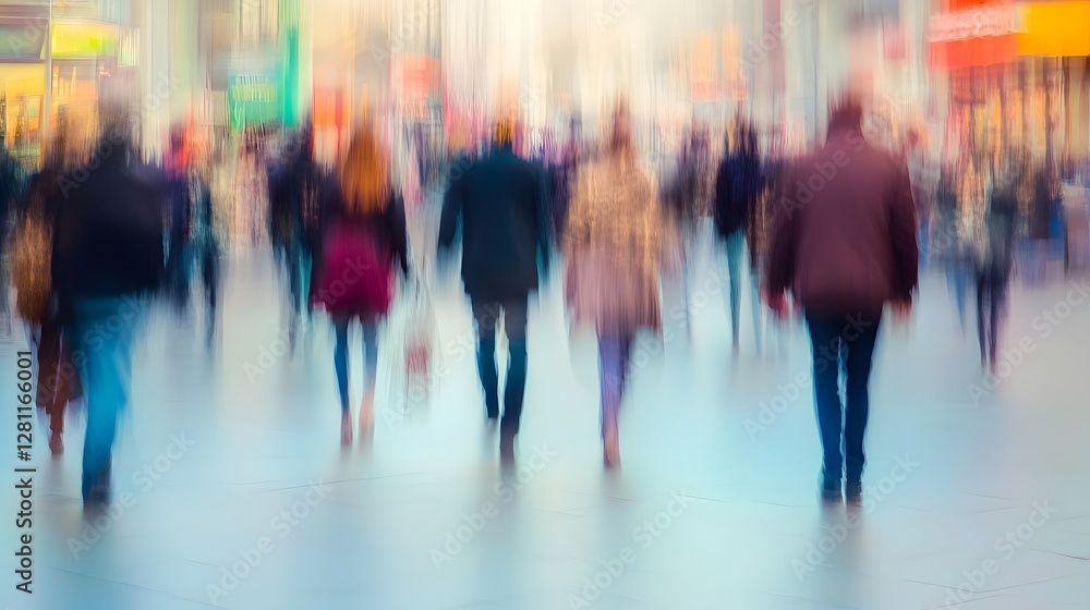 Poster blurred motion image of an anonymous crowd of people walking on a busy city street depicting the fas