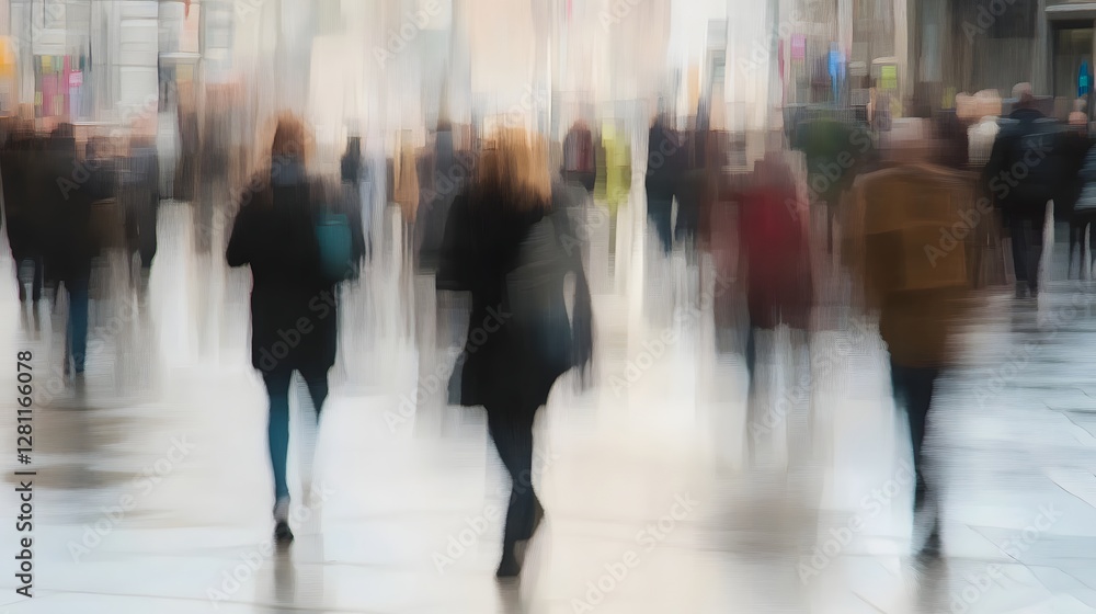 Poster blurred motion image of a large crowd of commuters pedestrians and workers hurrying along a crowded 