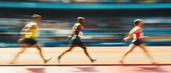 Blurred motion image of competitive runners sprinting on a running track during an athletic event or sports competition  The image captures the speed energy