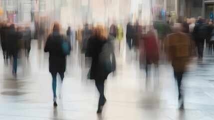 Blurred motion image of a large crowd of commuters pedestrians and workers hurrying along a crowded city street lined with tall office buildings and skyscrapers  The scene captures the fast paced