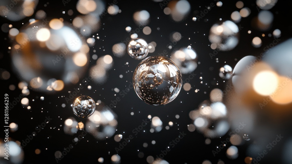 Poster abstract background with floating metallic spheres reflecting light.