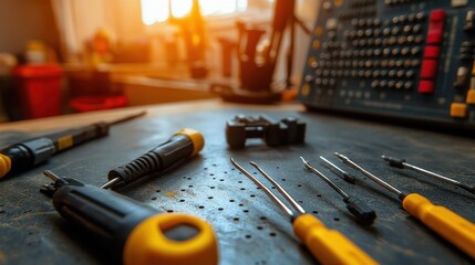Fototapeta premium Close-Up of Various Hand Tools on a Wooden Workbench in Workshop