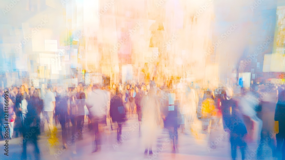 Aufkleber blurred motion of a bustling city street with commuters office buildings and skyscrapers in the back