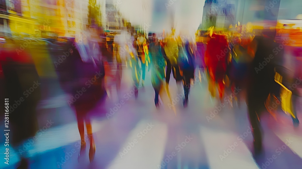 Leinwandbilder blurred motion of a bustling fast paced crowd of people walking and commuting along a busy city stre