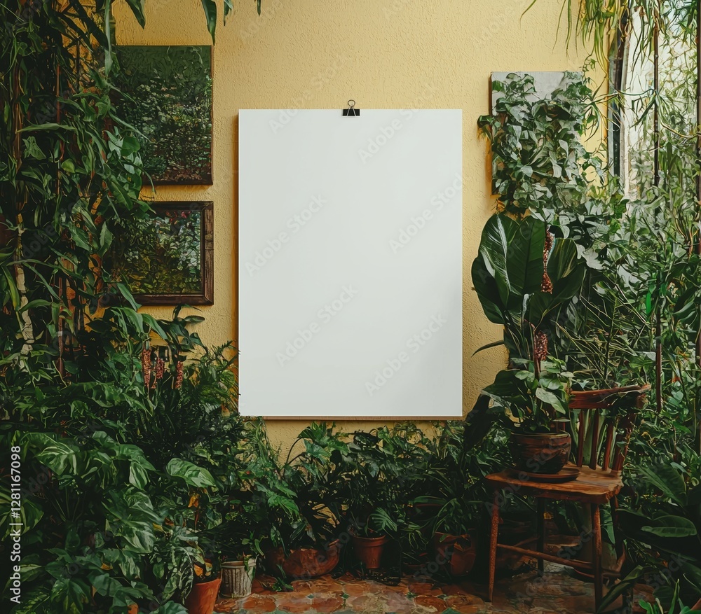 Poster a blank canvas mockup design template is displayed as a white poster mock up hanging from a rope wit