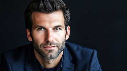 Obraz premium Portrait of man in dark blue jacket directly viewer with serious expression