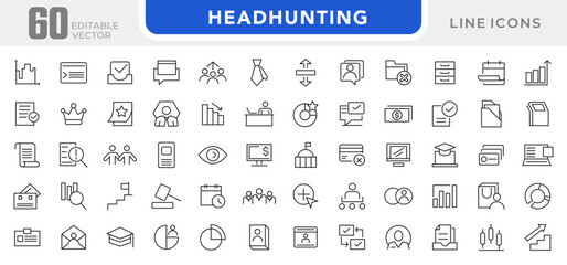 Headhunting line icon set. Career, resume, interview, candidate, analysis, email, diploma, leadership, briefcase, video calls, agendas line icon set. UI thin line icon pack.