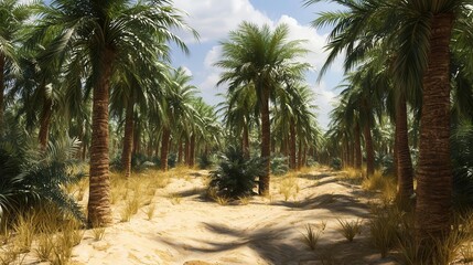 Obraz premium Tranquil Oasis Palm Trees in Sunny Desert Landscape