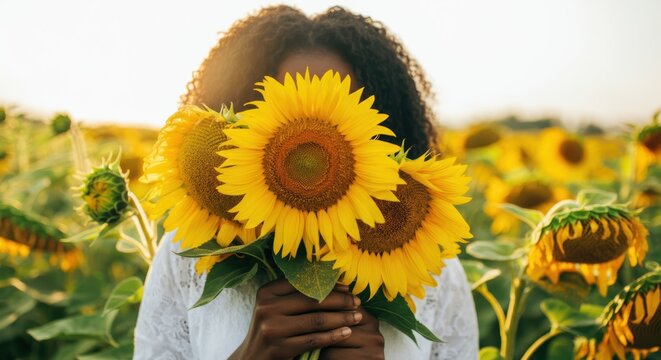 African female holding sunflowers in a vast sunflower field at sunset