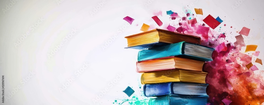 Poster a colorful stack of books with vibrant splashes of color, symbolizing creativity and the joy of read