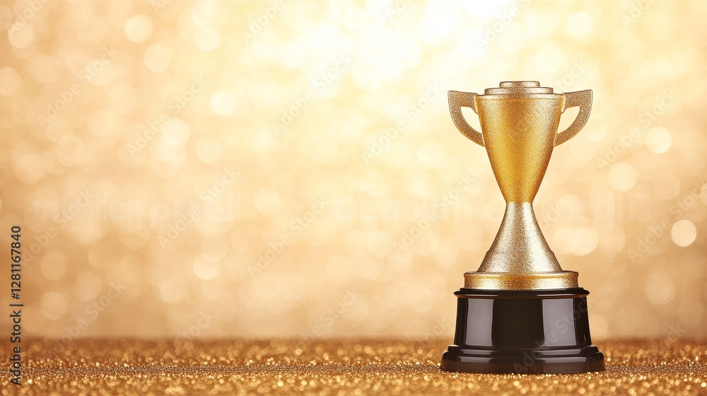 Poster close-up of a gold trophy with bokeh effect on a shiny background