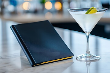 Mockup cocktail menu, modern black leather booklet with copy space, on a marble bar counter next to a martini glass
