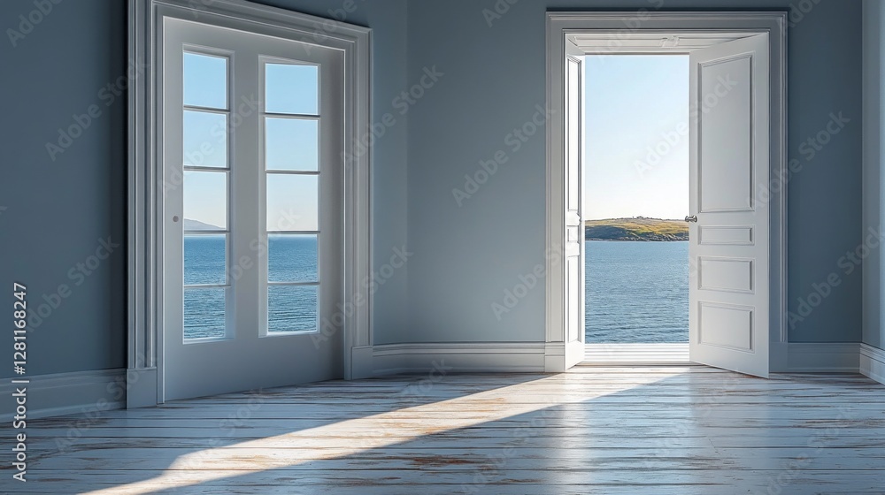 Poster a room with soft blue walls features an open door framing a stunning vista of calm waters and rollin