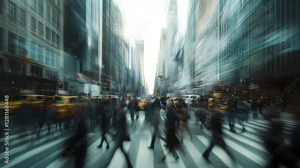 Poster blurred motion of a busy city street with a crowd of people tall buildings and flowing traffic in a 
