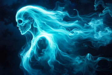 A woman with long blue hair in the dark