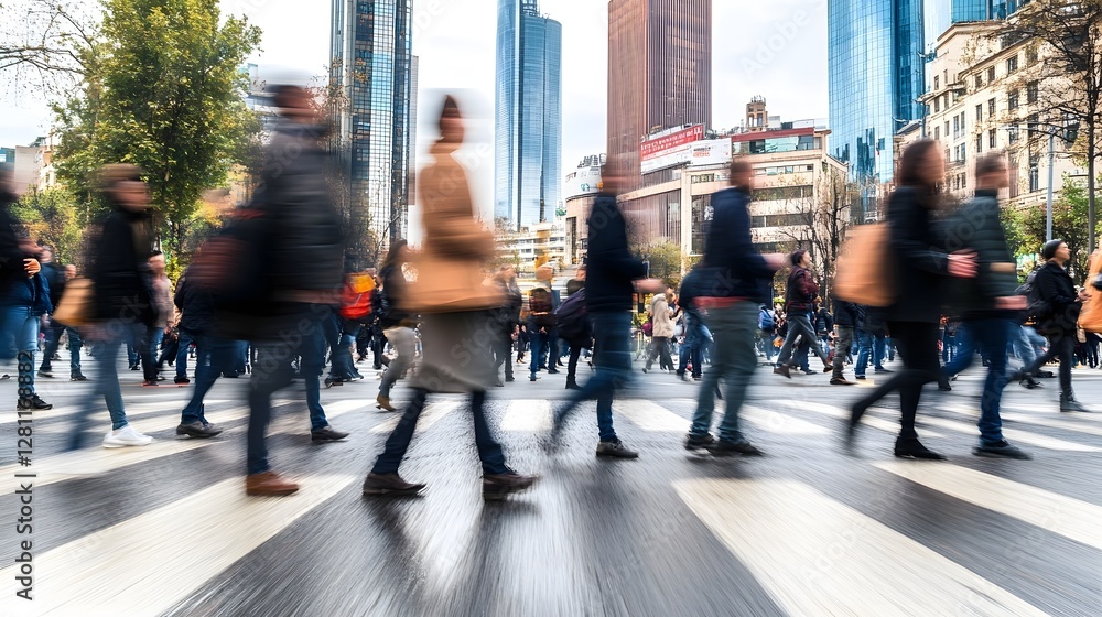 Poster blurred motion of a busy city street with commuting pedestrians and traffic in a metropolitan downto