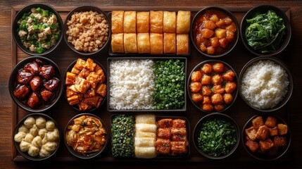 Fototapeta premium Overhead shot of a variety of Asian dishes served in dark brown bowls on a wooden board.