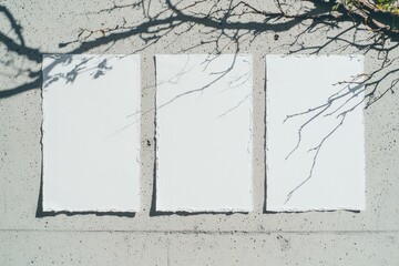 On a gray concrete wall, three empty white vertical rectangle poster or business card mockups are displayed with diagonal dappled light spots, in a flat lay and top view arrangement, designed for