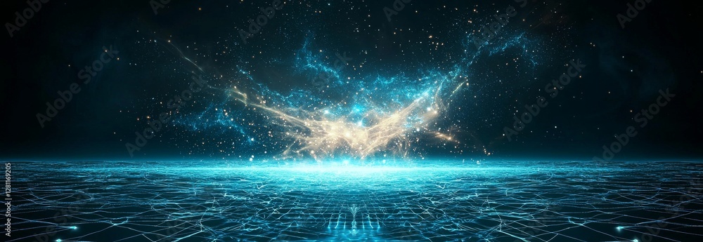 Poster an abstract empty scene is set against a blue furutic background, illuminated by beams of light and 