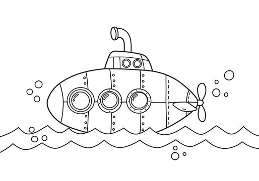Fun black and white coloring book page, cheerful submarine with round windows and a periscope, floating in water with a few small bubbles, bold outlines