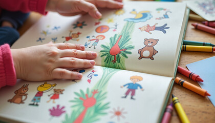A close-up of a child’s hand pointing at colorful illustrations in a children’s storybook. This image is perfect for promoting children’s literacy or World Book Day.