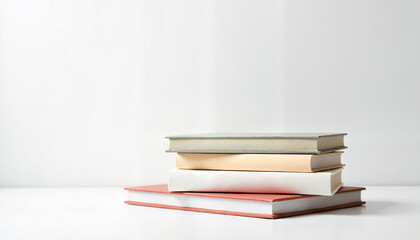 Fototapeta premium A simple yet elegant photo of a stack of hardcover books against a white background, emphasizing the beauty of literature and knowledge.