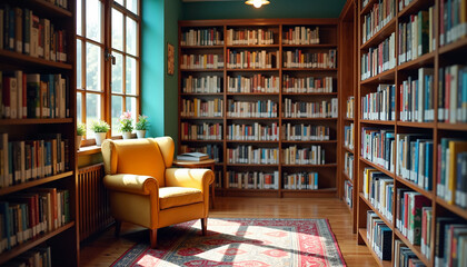 A warm and inviting library corner featuring a comfortable armchair and bookshelves. Perfect for promoting cozy reading spaces or World Book Day campaigns.