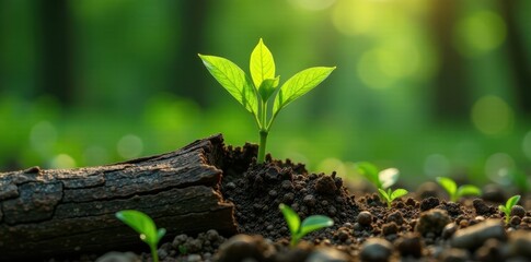 New sapling sprouts from decaying log, vibrant green against brown wood , new life, regeneration