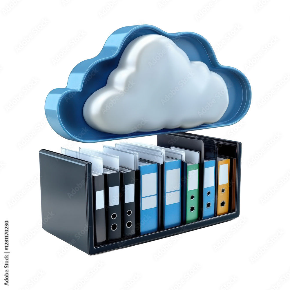 Poster files stored in folders, concept of cloud data storage