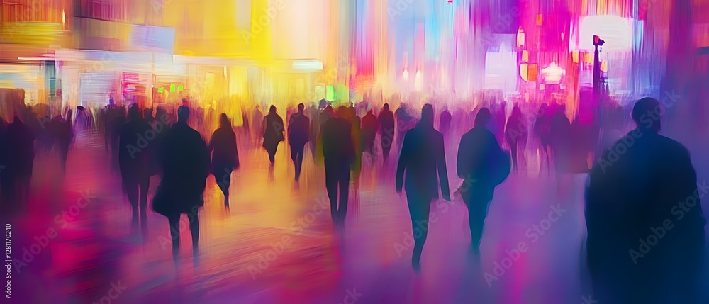 Poster Blurred motion of a crowd of anonymous people walking in a colorful vibrant and futuristic city street scene with flowing lights abstract patterns and a sense of energy movement and urban