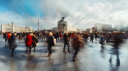 Obraz premium Blurred motion of a crowd of anonymous pedestrians rushing through a crowded bustling city square with historic landmark buildings in the background Concept of a fast paced