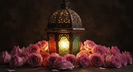 Ornate lantern glowing amidst a circle of pink roses on a wooden surface