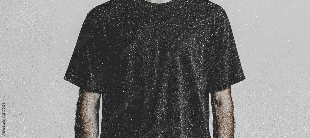 Poster a mock-up template for design printing is provided in the form of a close-up of a blank black t-shir