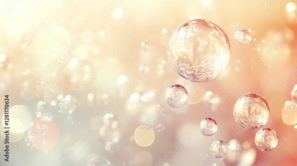 Poster sparkling bubbles float in soft light background