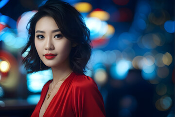 Fototapeta premium A woman in a red dress is standing in front of a blue background