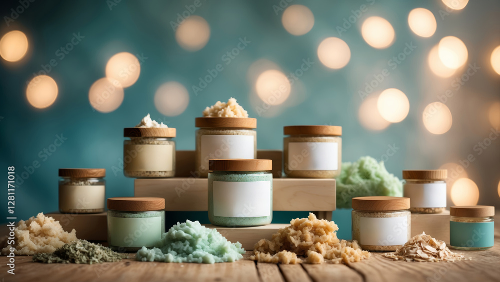 Poster lush skincare products arranged artistically on wooden surfaces with a soft bokeh background in a se