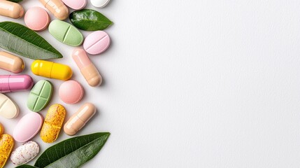 Assorted pills and capsules arranged with leaves on a light background.  Possible use Pharmaceutical product catalog, educational infographic