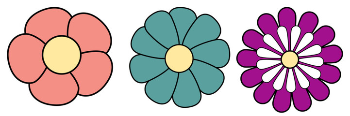 Set of flowers with black line on transparent background