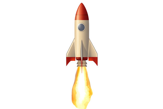 Rocket in space flying through the sky on a white background, showcasing a red spaceship illustration with a retro style and technology theme