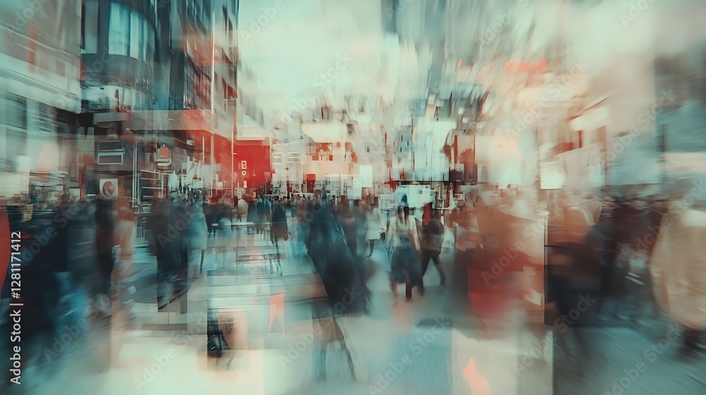 Leinwandbilder blurred motion of a crowded city street with a bustling crowd of people and fast moving traffic at n