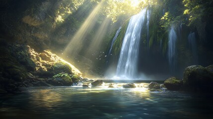 Sunlit Waterfall in Lush Tropical Forest