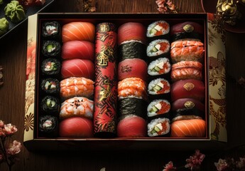 Exquisite Sushi Platter with Assorted Rolls, Fish, Garnishes, and Elegant Presentation on Wooden Table Surrounded by Cherry Blossom Accents