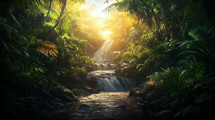 Obraz premium Sunlit Waterfall in Lush Tropical Jungle