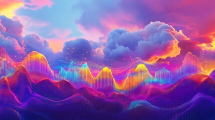 Vibrant digital landscape with colorful glowing mountains and clouds